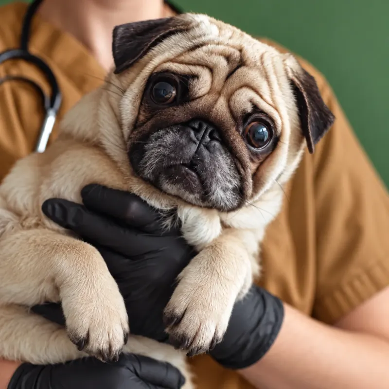 Pug no colo da equipe da Clínica Veterinária Palmeiras
