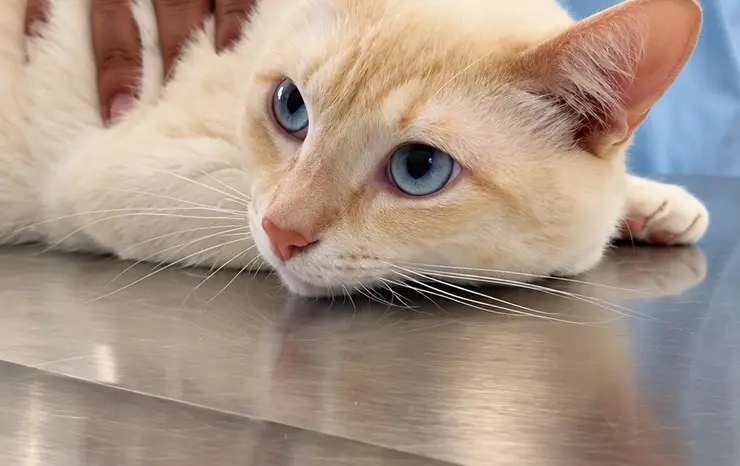 Veterinário da Clínica Veterinária Palmeiras com um gato na mesa de atendimento