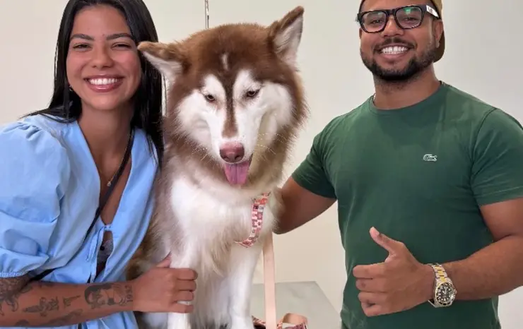 Tutores e a equipe da Clínica Veterinária Palmeiras com um husky na mesa de atendimento